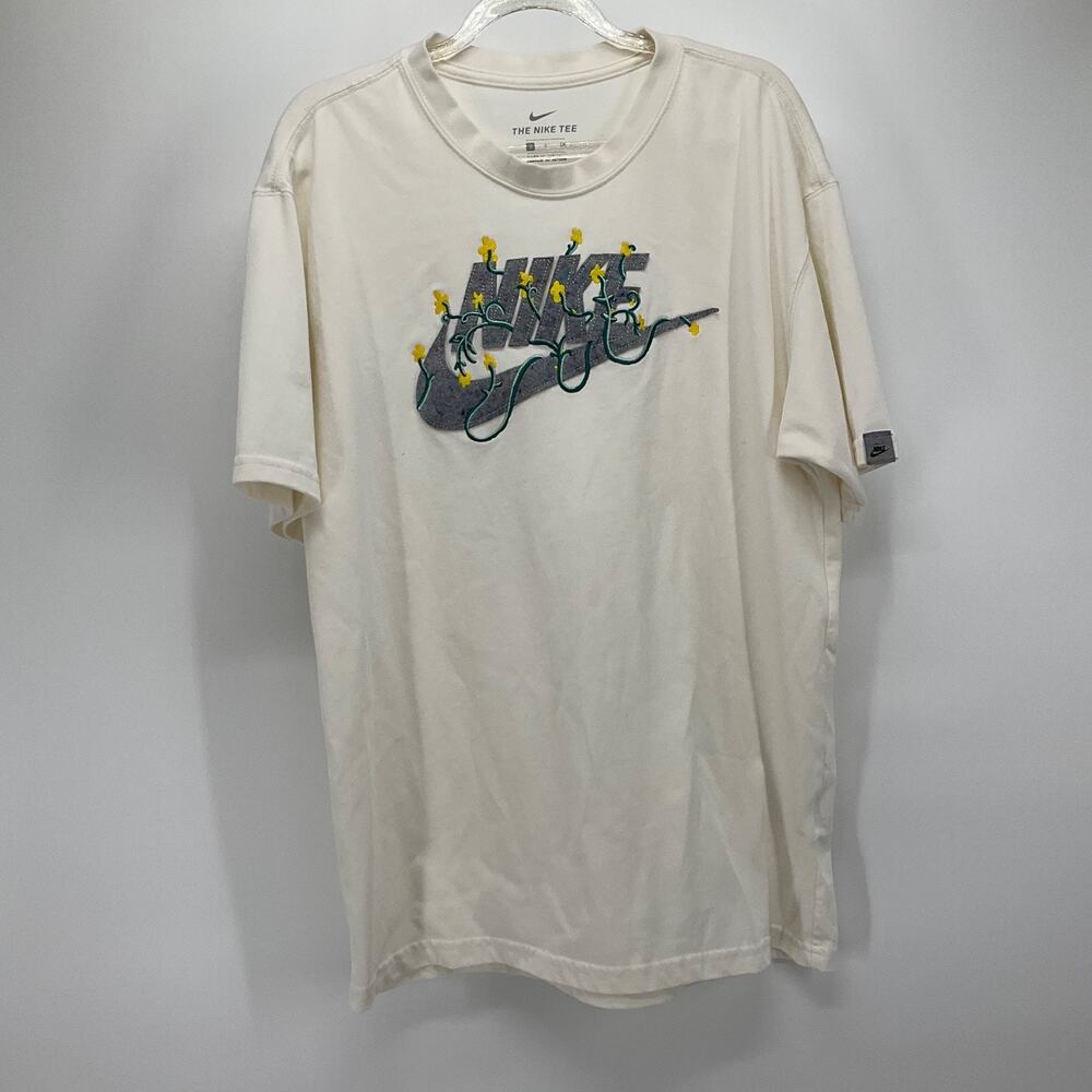 Nike The Nike Tee Mens Embroidered Floral Logo Graphic T-Shirt Cream White Small